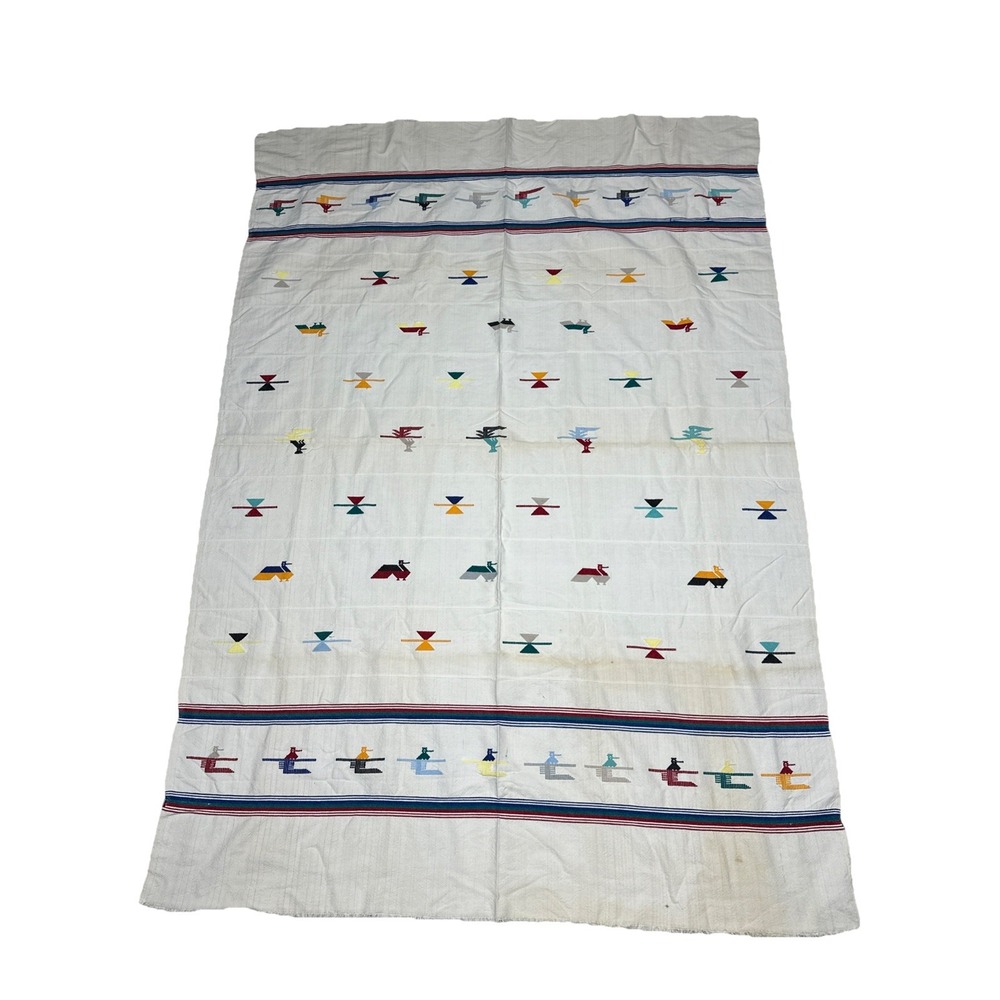 VTG Guatemalan Woven Textile Stripes Birds 50x73" Hanging Bedspread Tablecloth
